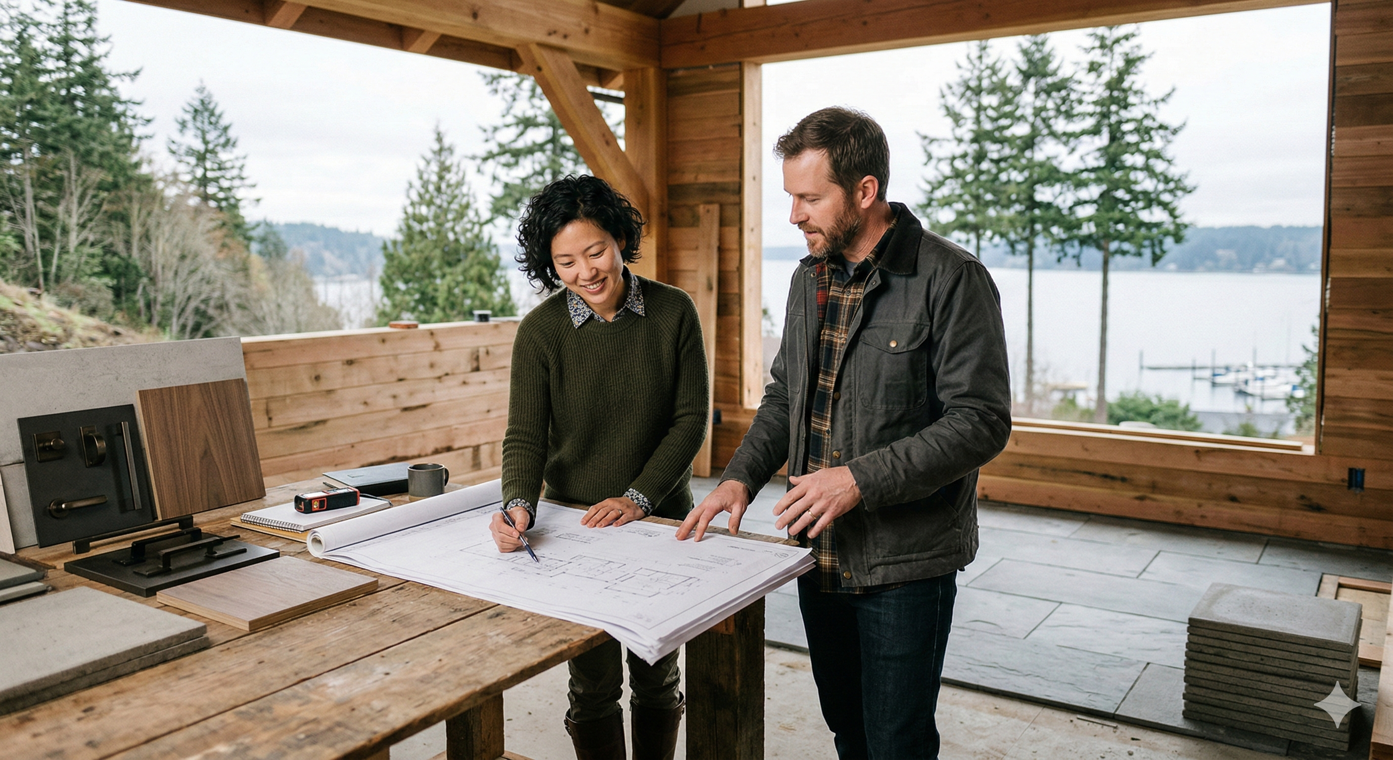 Double Bluff design-build team reviewing project plans